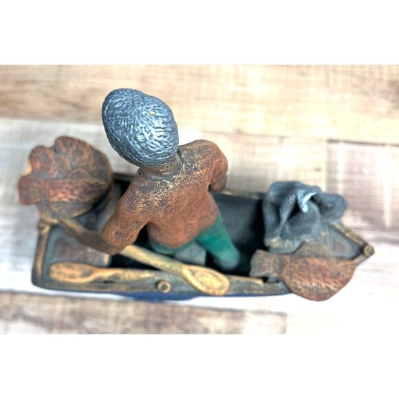 Clay Fisherman Figurine On Boat With Net & Basket - Picture 4 of 5